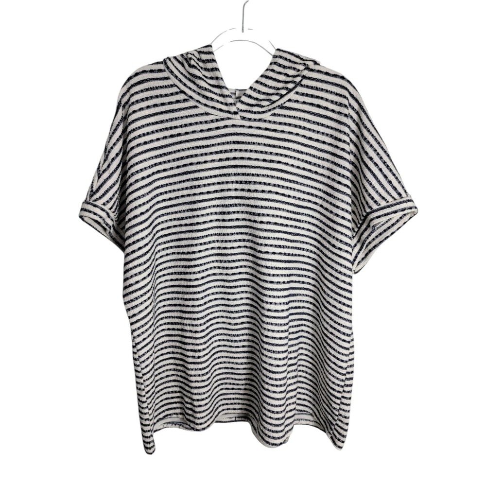 Green Envelope Womens 3X Hooded Top White Navy Striped Short Sleeve Oversized